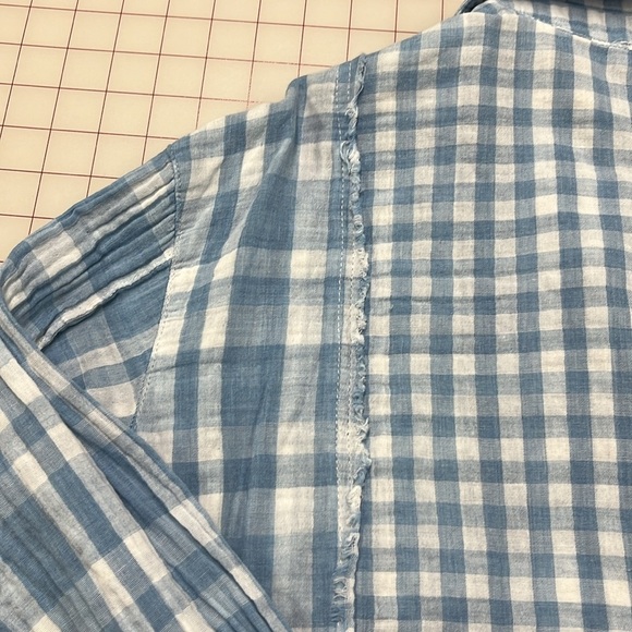 HEM & THREAD Boho Cottage Gauze 2 Pocket Buffalo/Plaid Blue/WHT Fringe Top S/M - Picture 8 of 16